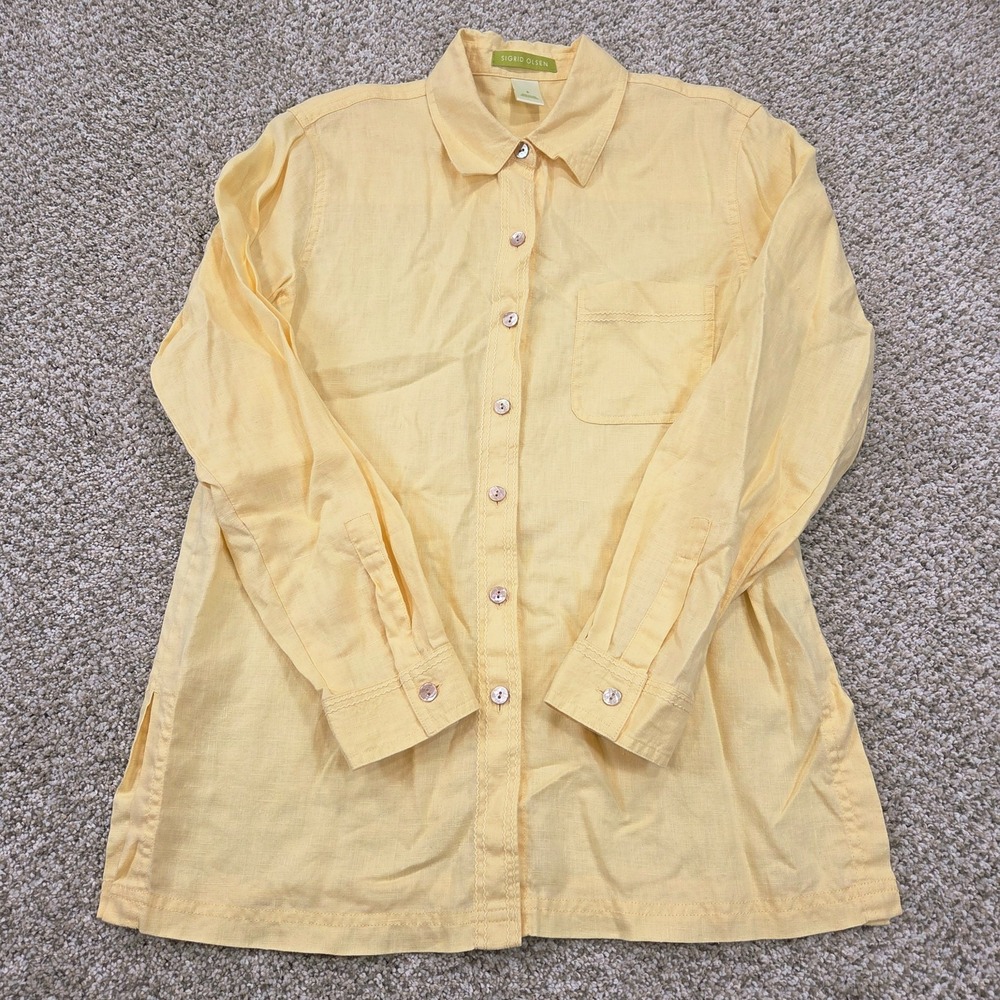 Sigrid Olsen Women's Button Up Shirt Size‎ Small Butter Yellow Linen Collared